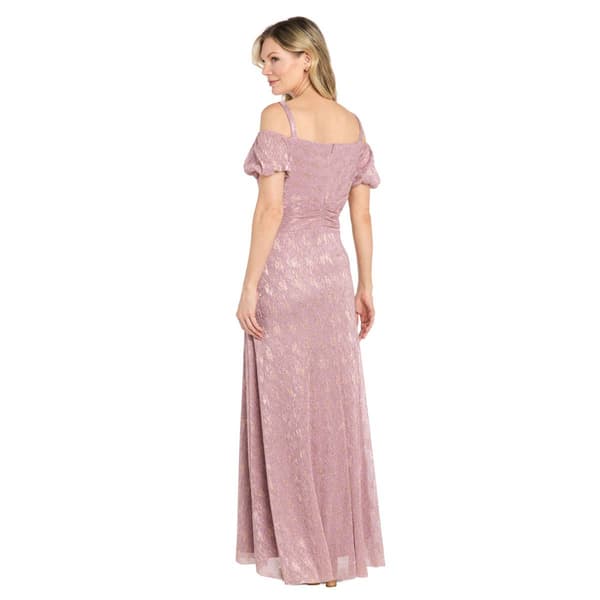 Womens R&M Richards Cold Shoulder Puff Sleeve Side Drape Gown