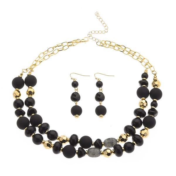 Ashley Cooper(tm) Gold/Black Layered Beaded Necklace & Earring Set - image 
