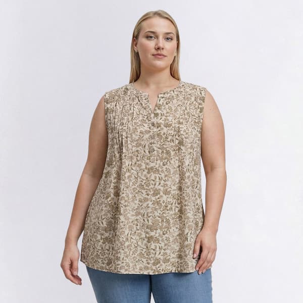 Plus Size Napa Valley Sleeveless Dove Floral Pleat Henley Blouse - image 