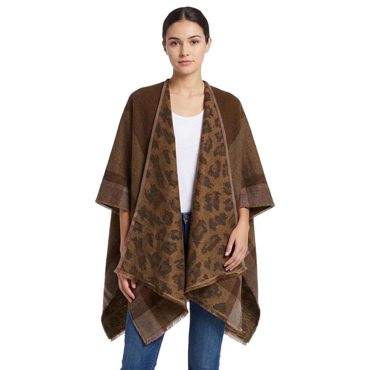 Womens Modena Leopard Plaid Reversible Ruana