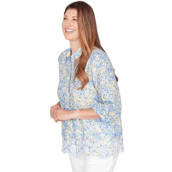 Womens Alfred Dunner Classics 3/4 Sleeve Lace Hem Button Down