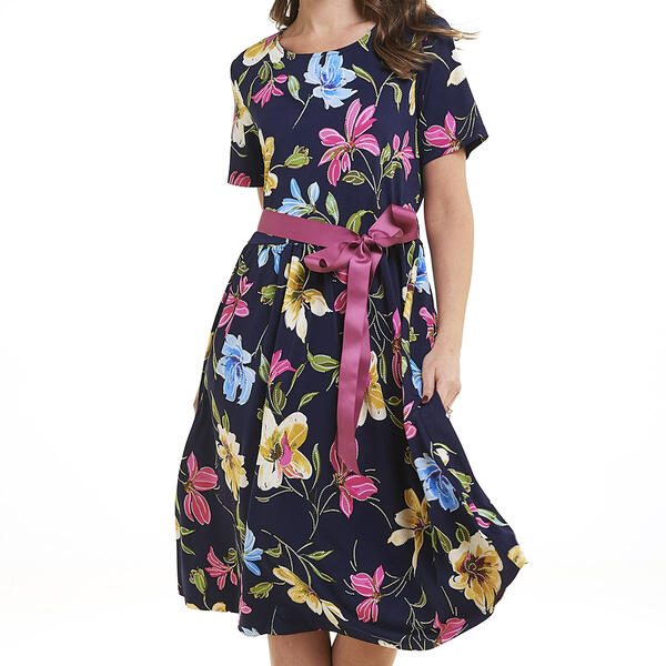 Plus Size Ellen Weaver Floral A-Line Ribbon Belt Dress - Navy