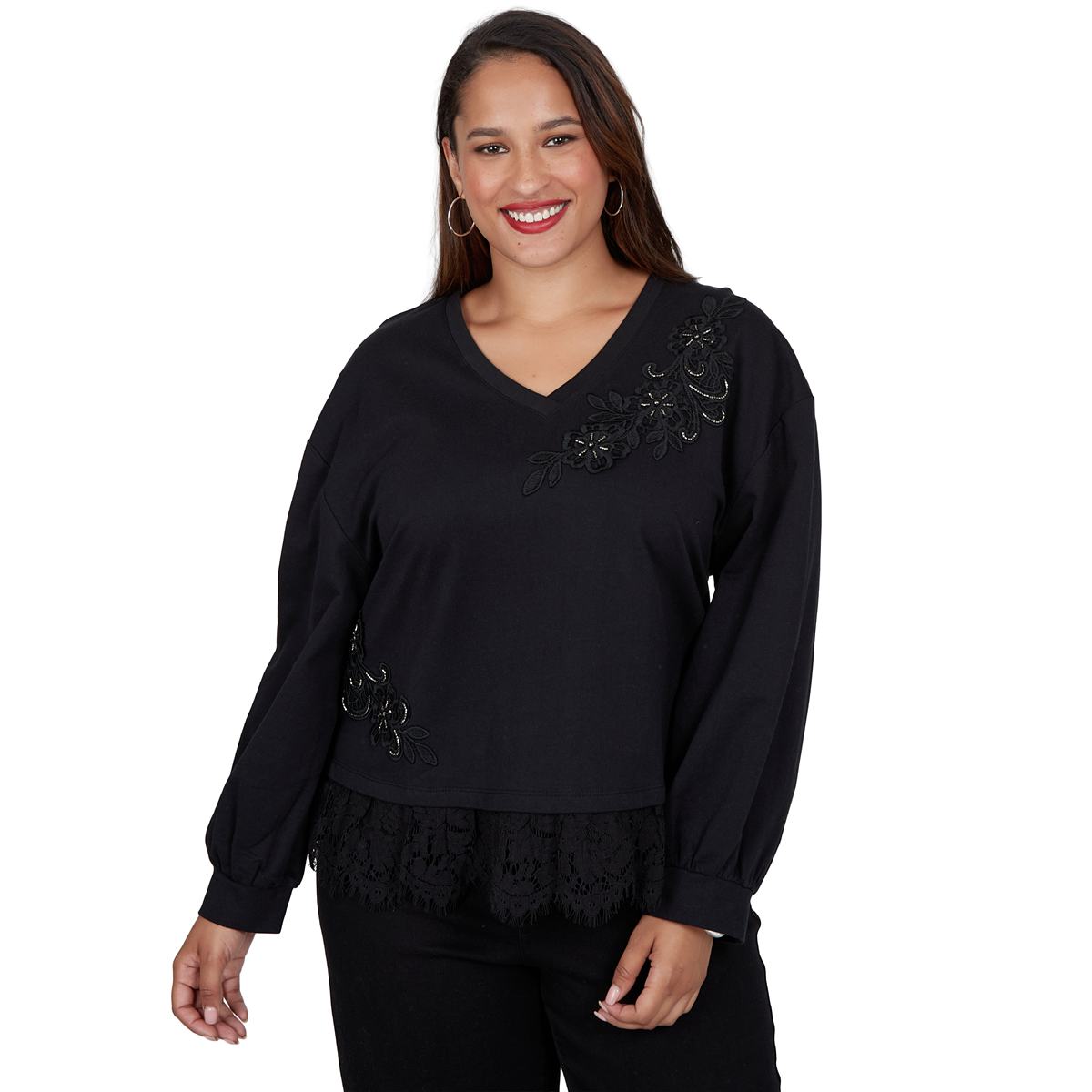 Plus Size Ruby Rd. Mysterious Romance Lace Trim V-Neck Blouse