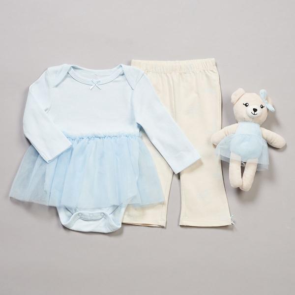 Baby Girl (NB-9M) Floral Threads 3pc. Blue Bow Tutu Bodysuit Set - image 