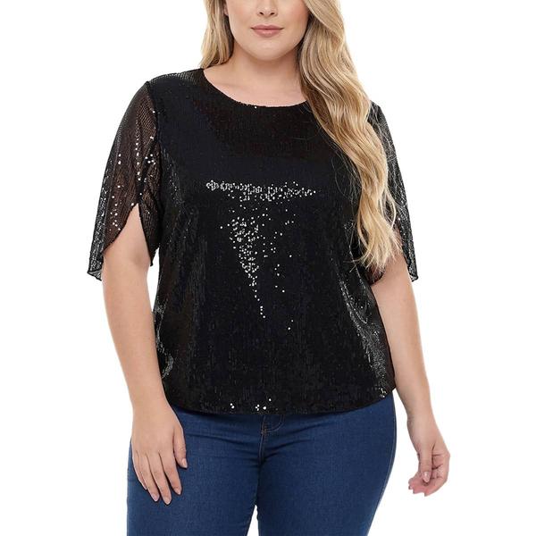 Plus Size NY Collection Split Sleeve Scoop Neck Sequin Blouse