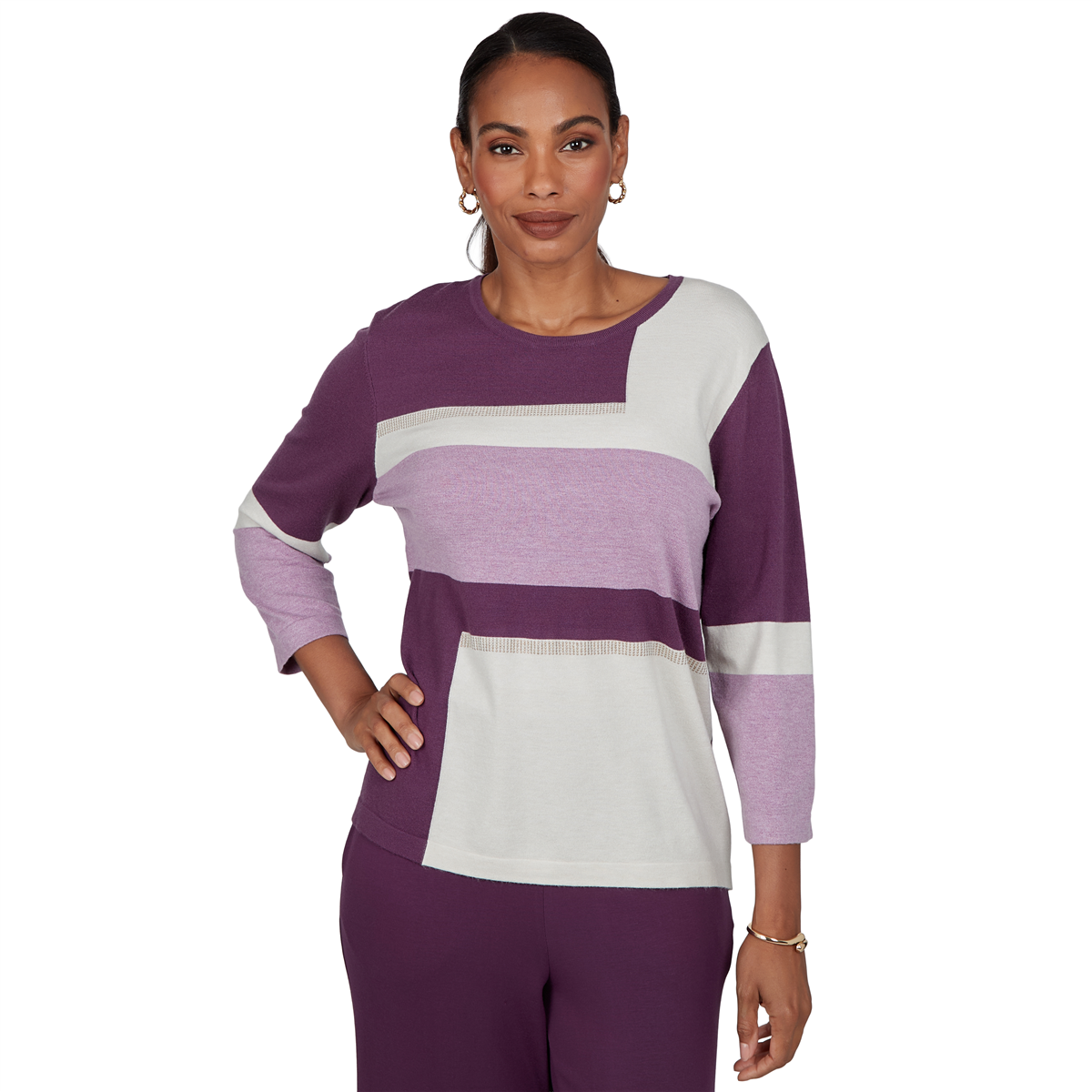 Petite Alfred Dunner Good To Go Color Block Crew Neck Sweater