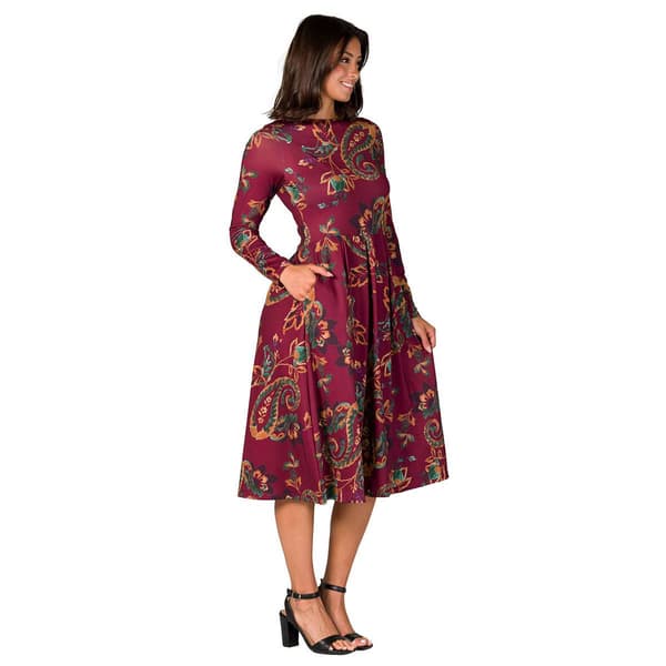 Womens 24/7 Comfort Apparel Wine Paisley Midi Pocket Dress