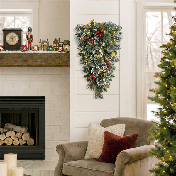 Puleo International 28in Warm White LED Snowy Silverton Pine Swag