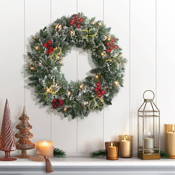 Puleo International 24in. Pre-Lit Snowy Silverton Pine Wreath