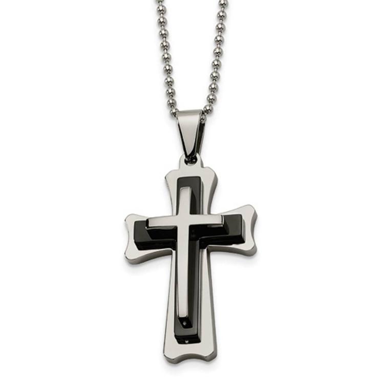 Mens Gentlemen's Classics(tm) Steel & Black Acrylic Cross Necklace