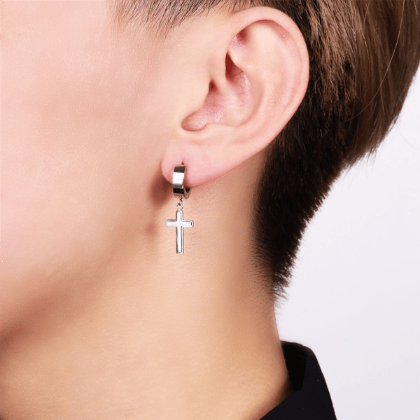 Mens Lynx Stainless Steel Cross Hoop Earrings