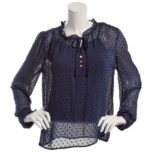 Juniors A. Byer Long Sleeve Clip Dot Tie Neck Blouse - image 