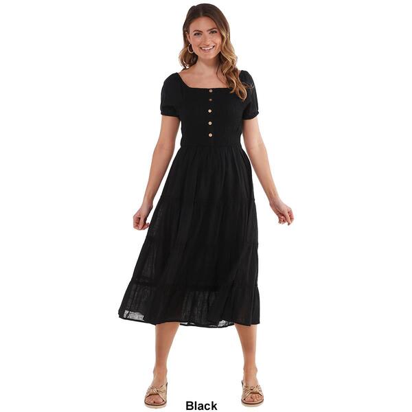 Womens Ellen Weaver Short Sleeve Smock Button Trim A-Line Dress
