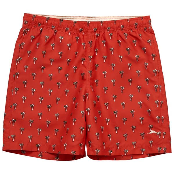 Mens Joe Marlin Colorful Palm Swim Trunks - Red Mango