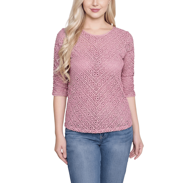 Petite NY Collection 3/4 Ruched Sleeve Solid Lace Crewneck Top
