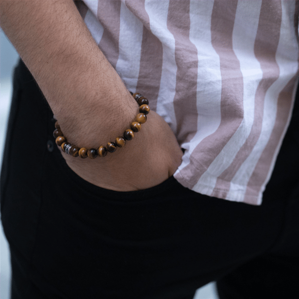 Mens Lynx Stainless Steel Bracelet with Tiger Eye Beads