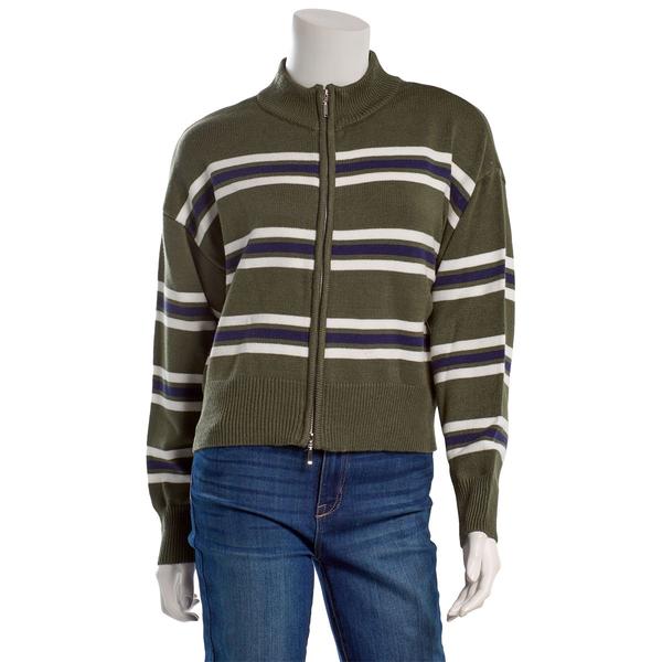 Juniors No Comment Multi Stripe Full Zip Mock Neck Sweater - image 