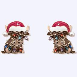 Gold-Tone Highland Cow w/ Lighted Santa Hat Earrings