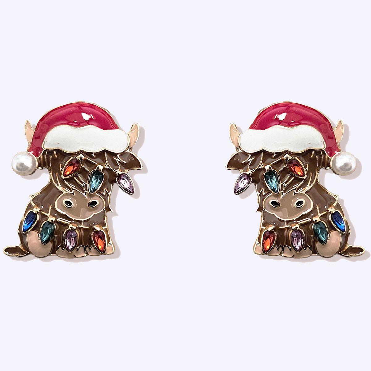 Gold-Tone Highland Cow w/ Lighted Santa Hat Earrings