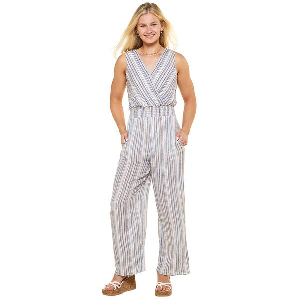 Juniors A. Byer Sleeveless Smocked Waist Stripe Jumpsuit - image 