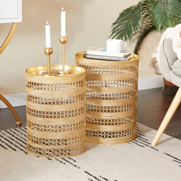 9th & Pike® Gold Metal Transitional Cylinder Drum Table-Set of 2