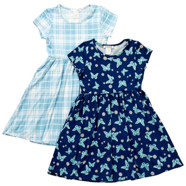 Girls &#40;7-12&#41; Emma & Elsa 2pk. Navy Butterfly & Blue Plaid Dresses - image 