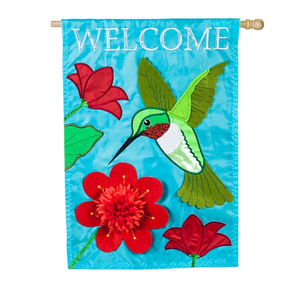 Evergreen Hummingbird Welcome Applique Garden Flag - image 