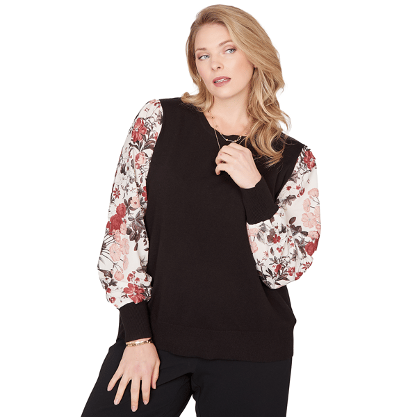 Plus Size Emaline Dusted Petals Long Sleeve Crew Neck Twofer Swe
