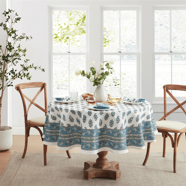Threadmade Tropez Block Print Stain & Water Resistant Tablecloth