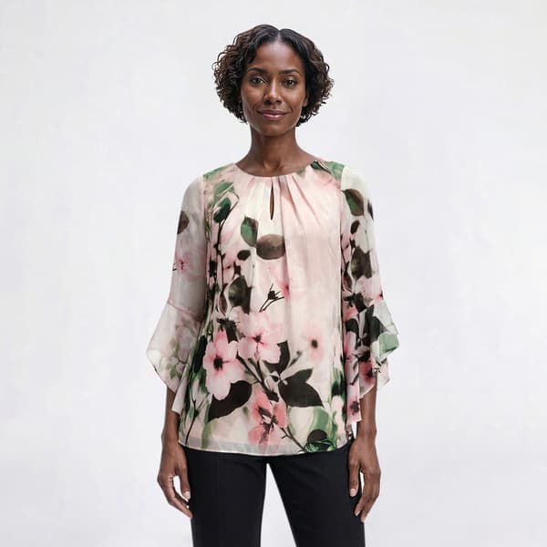 Womens Kasper 3/4 Flutter Sleeve Big Floral Keyhole Blouse - image 