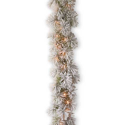 National Tree 9ft. Snowy Bristle Pine Garland w/ Clear Light - image 