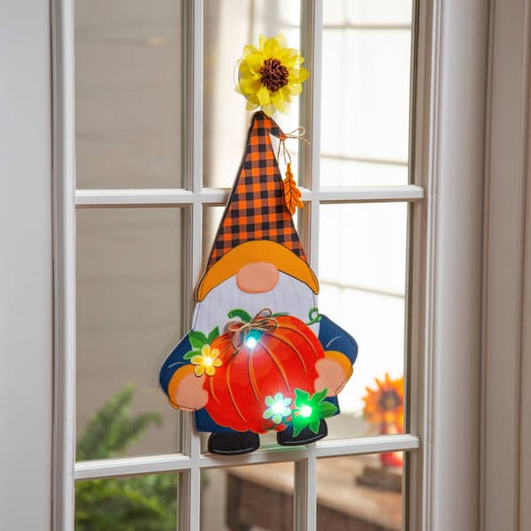 Evergreen Fall Gnome w/ Pumpkin LED Window Decor
