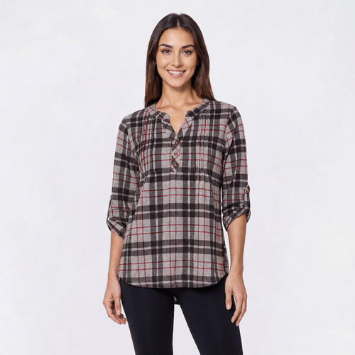 Womens Notations 3/4 Sleeve Plaid Blouse - Black/Red/Grey