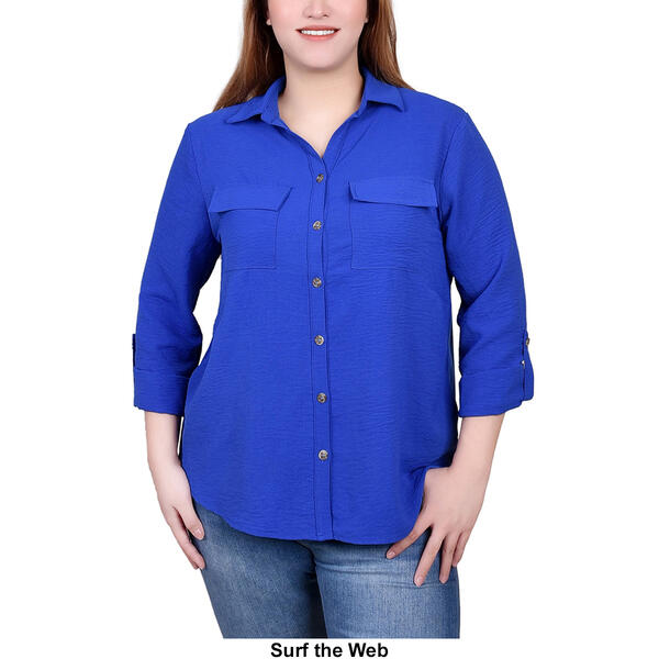 Womens NY Collection 3/4 Roll Sleeve Airflow Casual Button Down
