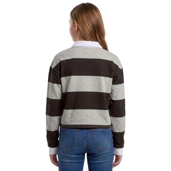 Juniors No Comment Stripe Fleece Rugby Pullover- Grey