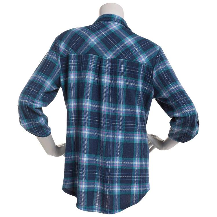 Womens Emily Daniels 3/4 Sleeve Plaid Hacci Blouse - Blue/Green
