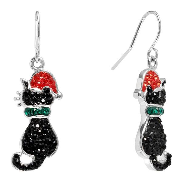 Athra Fine Silver Plated Crystal Christmas Cat Drop Earrings - image 