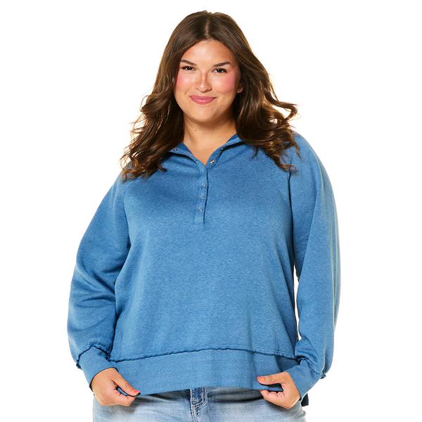 Juniors Plus No Comment Washed Fleece Henley Collar Pullover - image 
