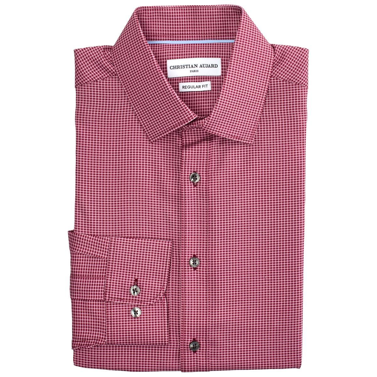 Mens Christian Aujard Regular Fit Checkered Dress Shirt-Burgundy