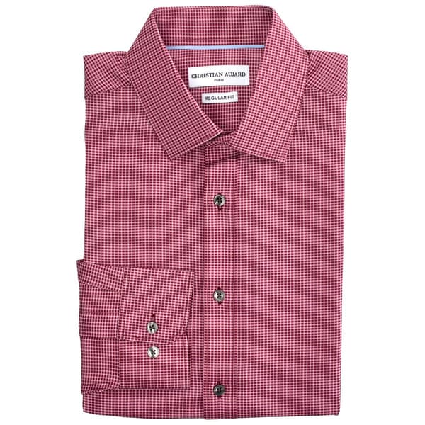 Mens Christian Aujard Regular Fit Checkered Dress Shirt-Burgundy