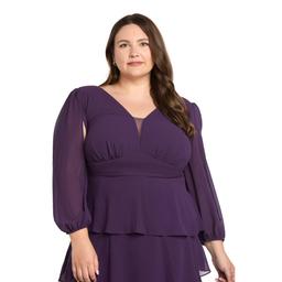 Plus Size R&M Richards 3/4 Sleeve V-Neck Ruffle Tiered Gown