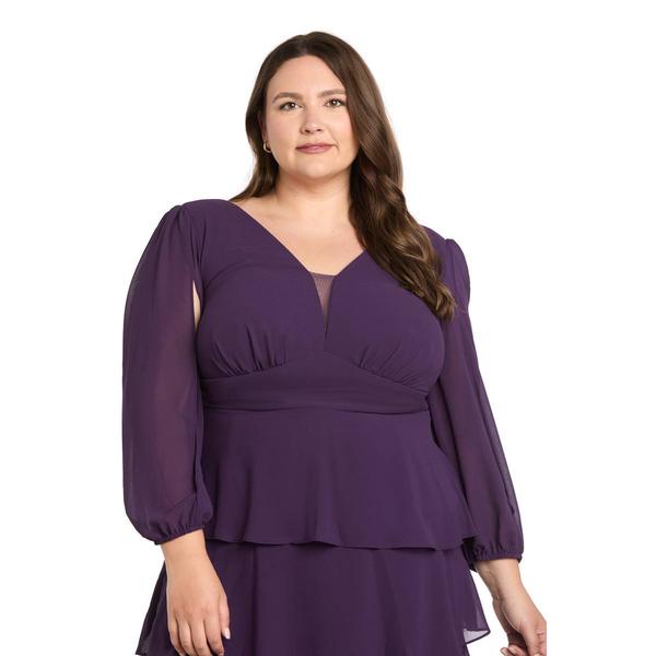 Plus Size R&M Richards 3/4 Sleeve V-Neck Ruffle Tiered Gown