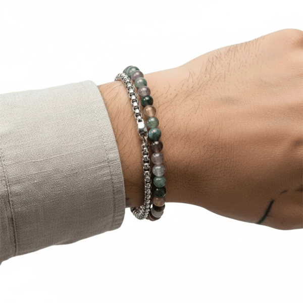Mens Iron Saints Silver Layered Popcorn Chain & Bead Bracelet