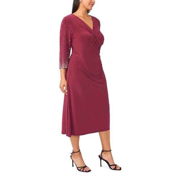 Plus Size MSK 3/4 Embellished Sleeve Surplus Neck Midi Dress