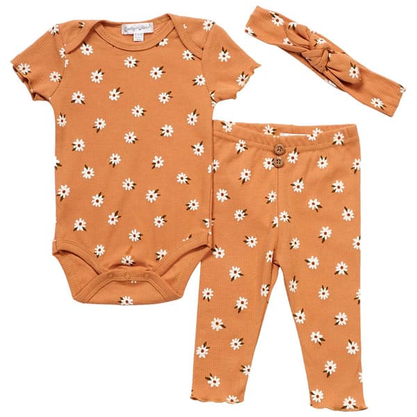 Baby Girl (NB-9M) Emily & Oliver(R) 3pc. Daisy Rib Bodysuit Set - image 