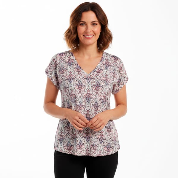 Womens Bobeau Short Sleeve V-Neck Damask Tee - image 
