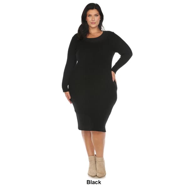 Plus Size White Mark Long Sleeve Rib Midi Sweater Dress