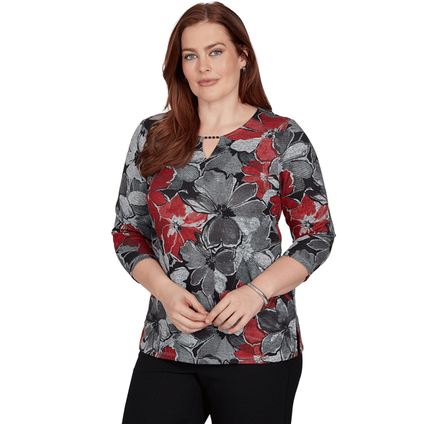 Womens Alfred Dunner Classics 3/4 Sleeve Keyhole Floral Blouse