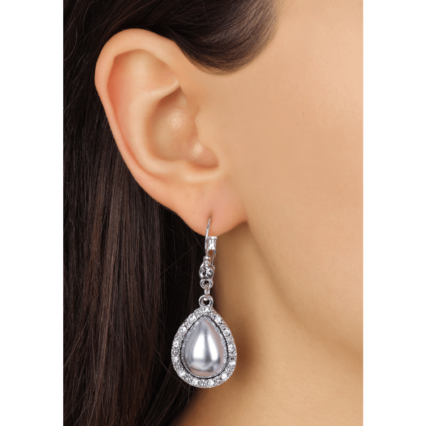 1928 Gold-Tone Grey Stone Teardrop Leverback Earrings