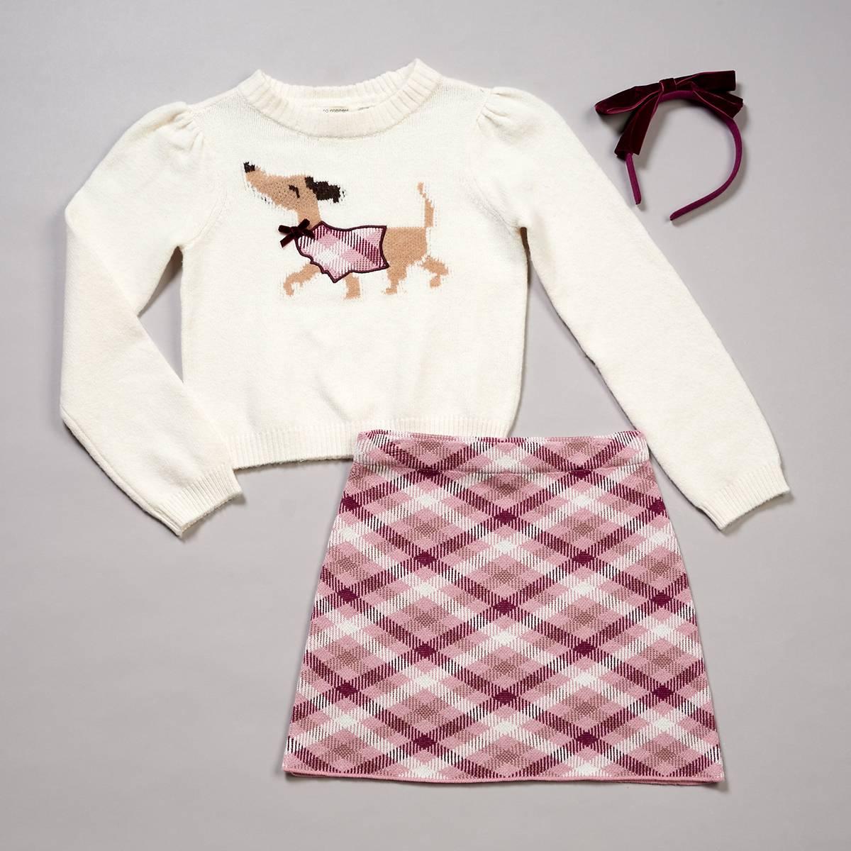 Girls (7-16) No Comment 2pc. Knit Dog Sweater & Plaid Skirt